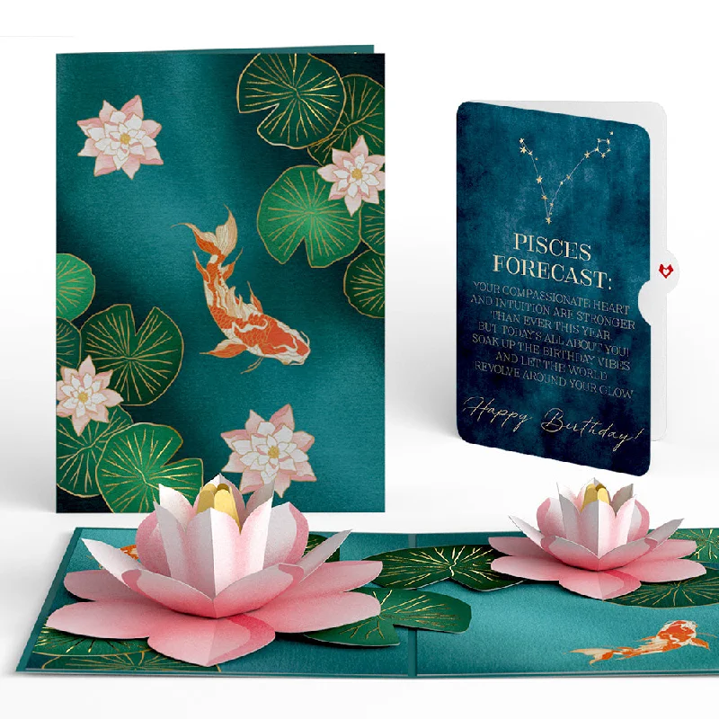 Koi Fish and Lotus Pond Birthday Pop-Up Card and Pisces Zodiac Sentiment Set