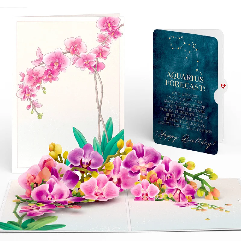 Watercolor Orchid Birthday Pop-Up Card and Aquarius Zodiac Sentiment Set